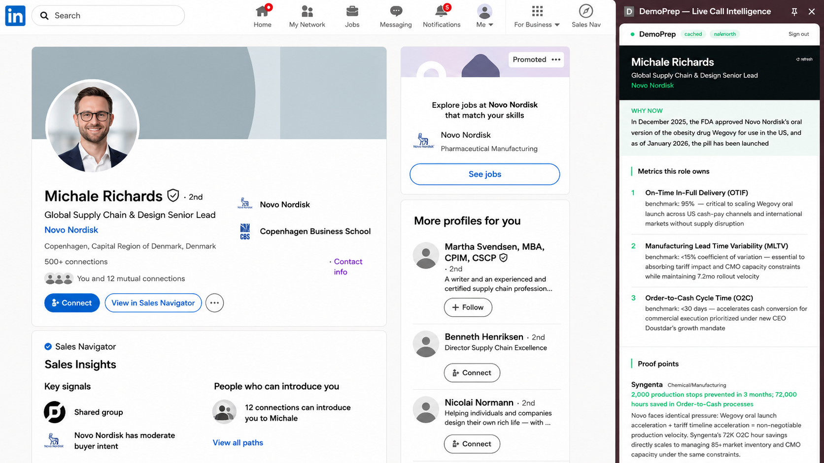 DemoPrep live call intelligence panel alongside a prospect's LinkedIn profile