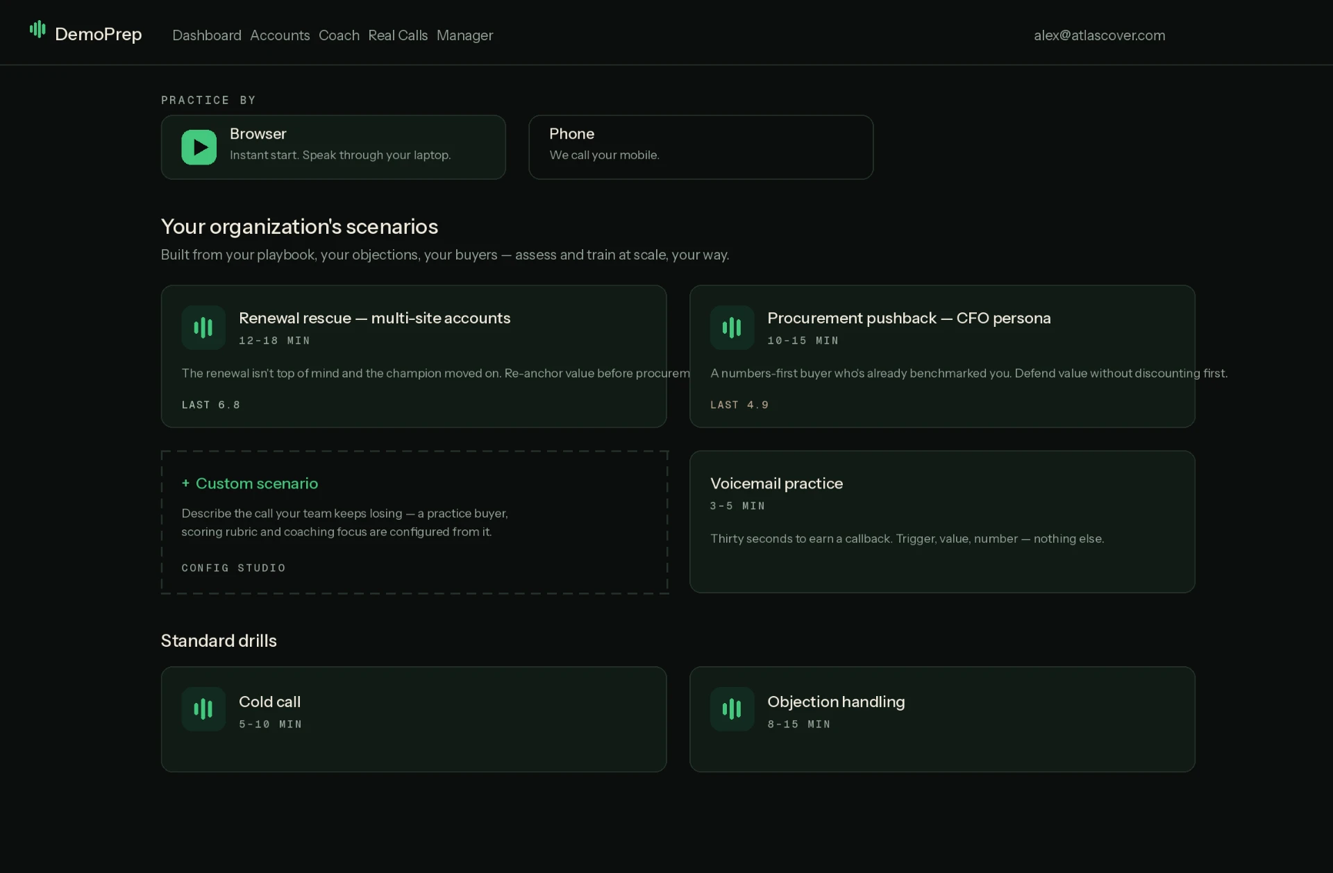 DemoPrep scenario library with custom practice scenarios