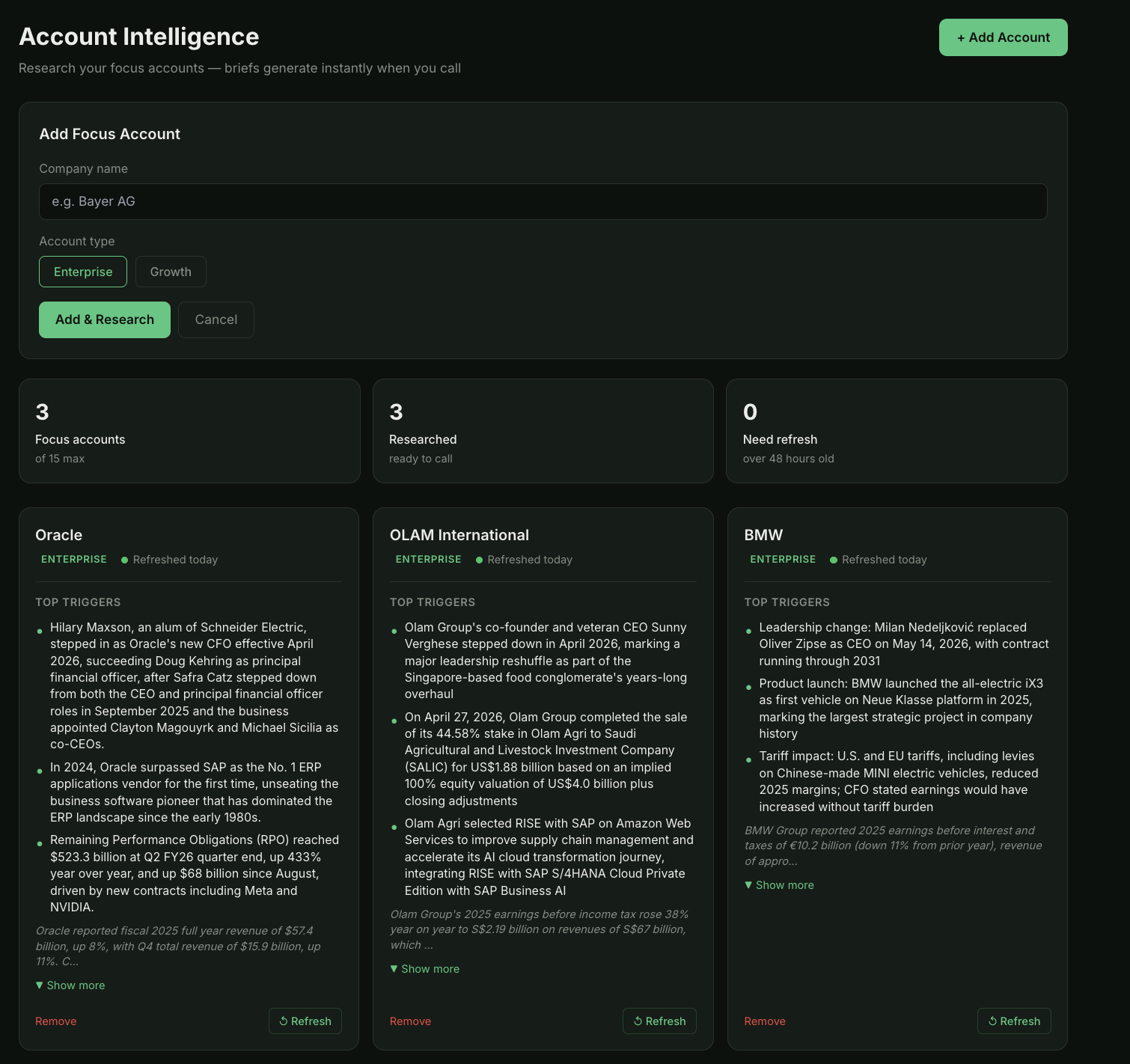 DemoPrep account intelligence dashboard with focus accounts and top triggers